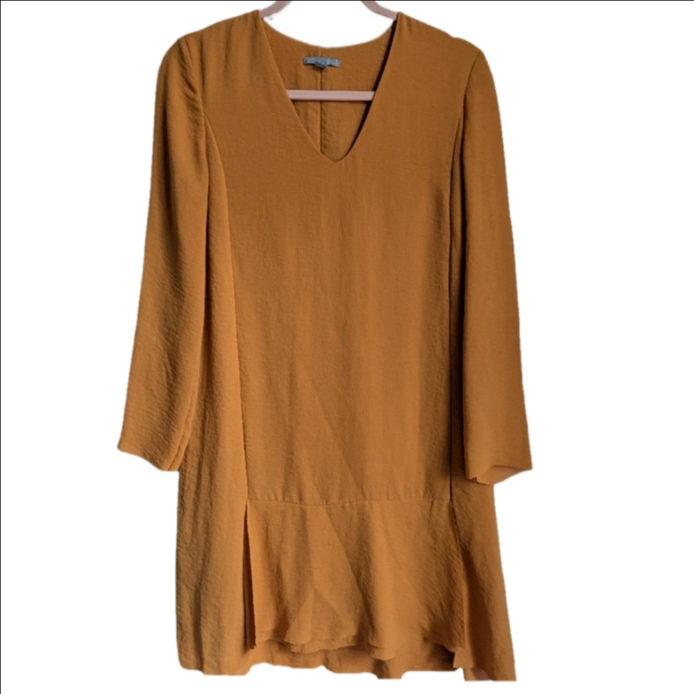 COS Mustard Orange Flowy Minimalist Contemporary V Neck Tunic Dress Size 6